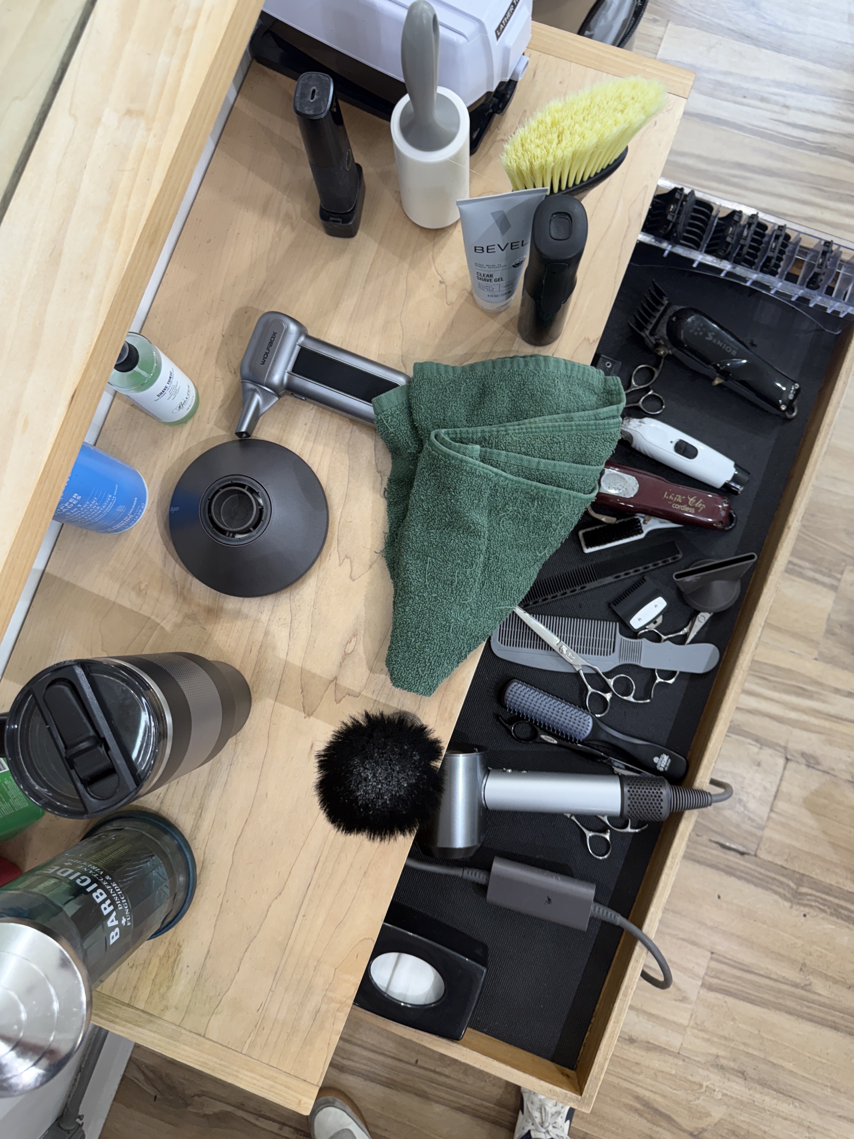 Barber tools, towels, and station details.